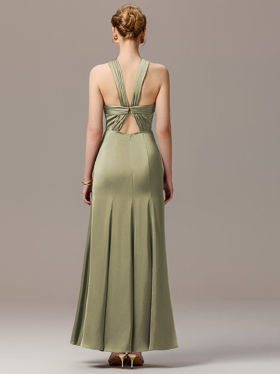SELENE|Satin Cross Halter Sleeveless Maxi Bridesmaid Dress