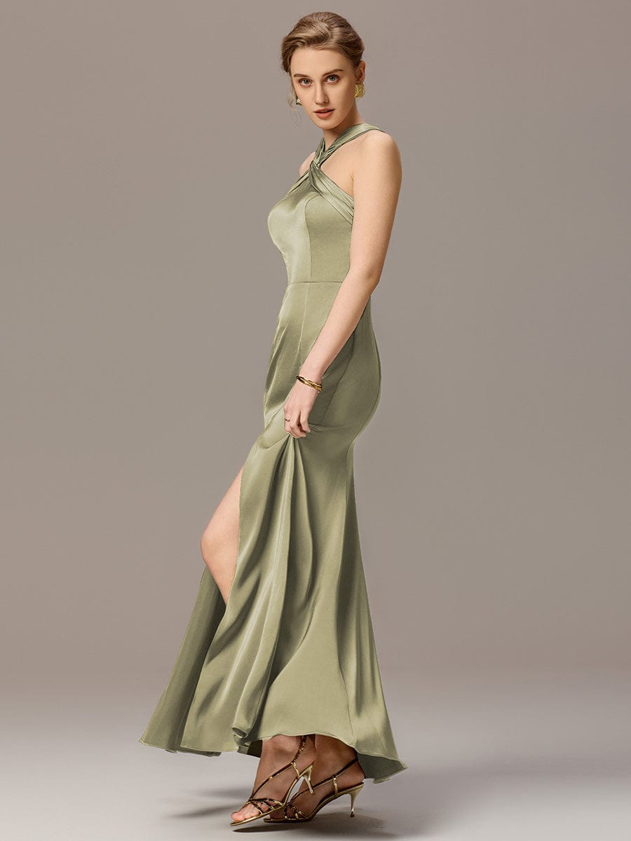 SELENE|Satin Cross Halter Sleeveless Maxi Bridesmaid Dress