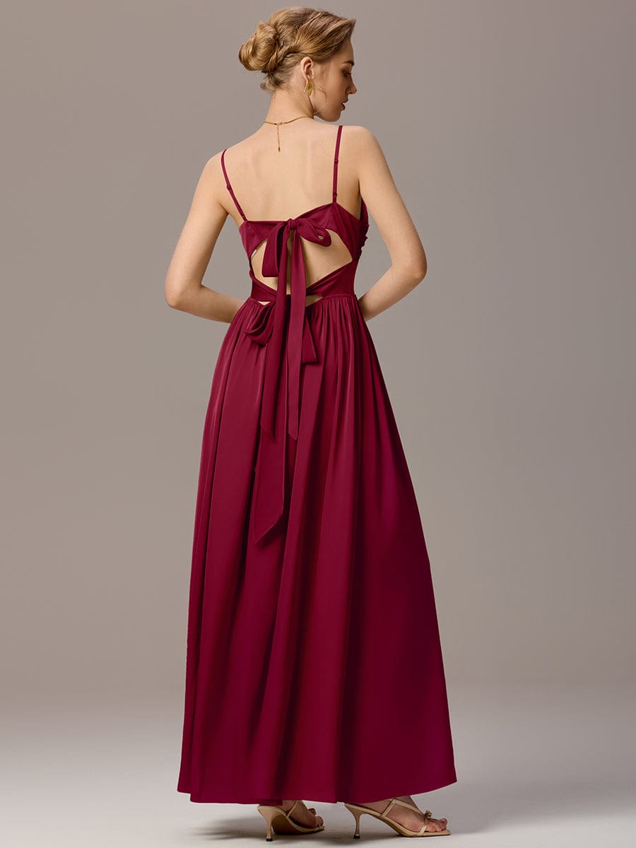 VERA|Satin Pleated Back-Tie Sleeveless Maxi Bridesmaid Dress