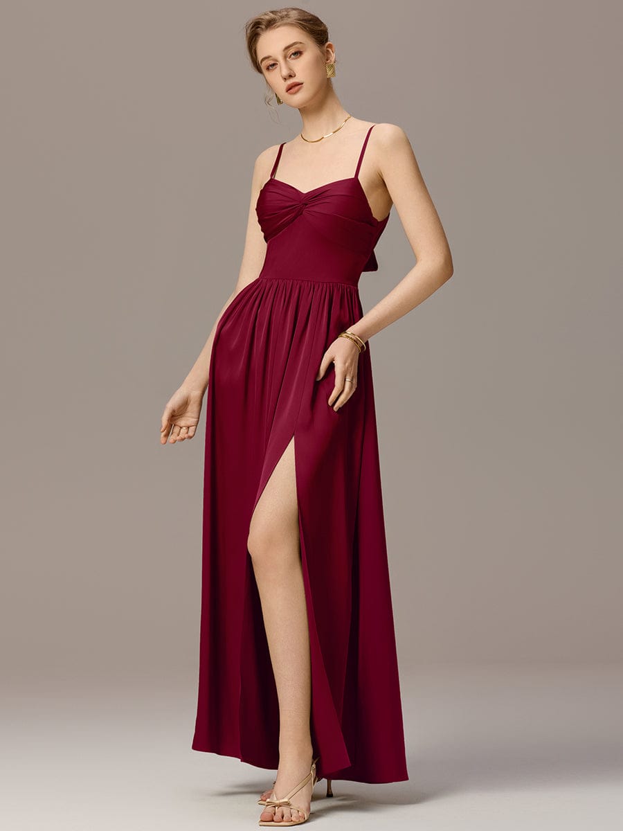 VERA|Satin Pleated Back-Tie Sleeveless Maxi Bridesmaid Dress