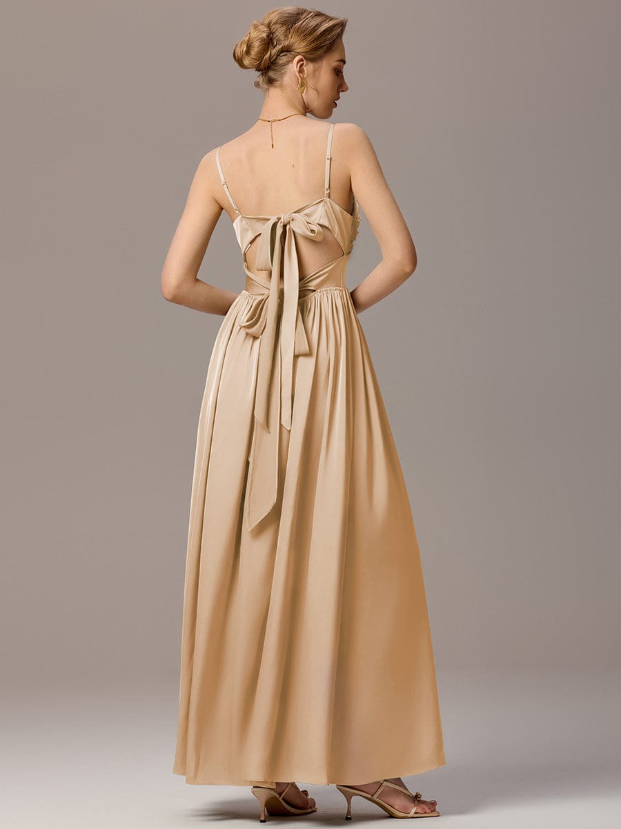 VERA|Satin Pleated Back-Tie Sleeveless Maxi Bridesmaid Dress