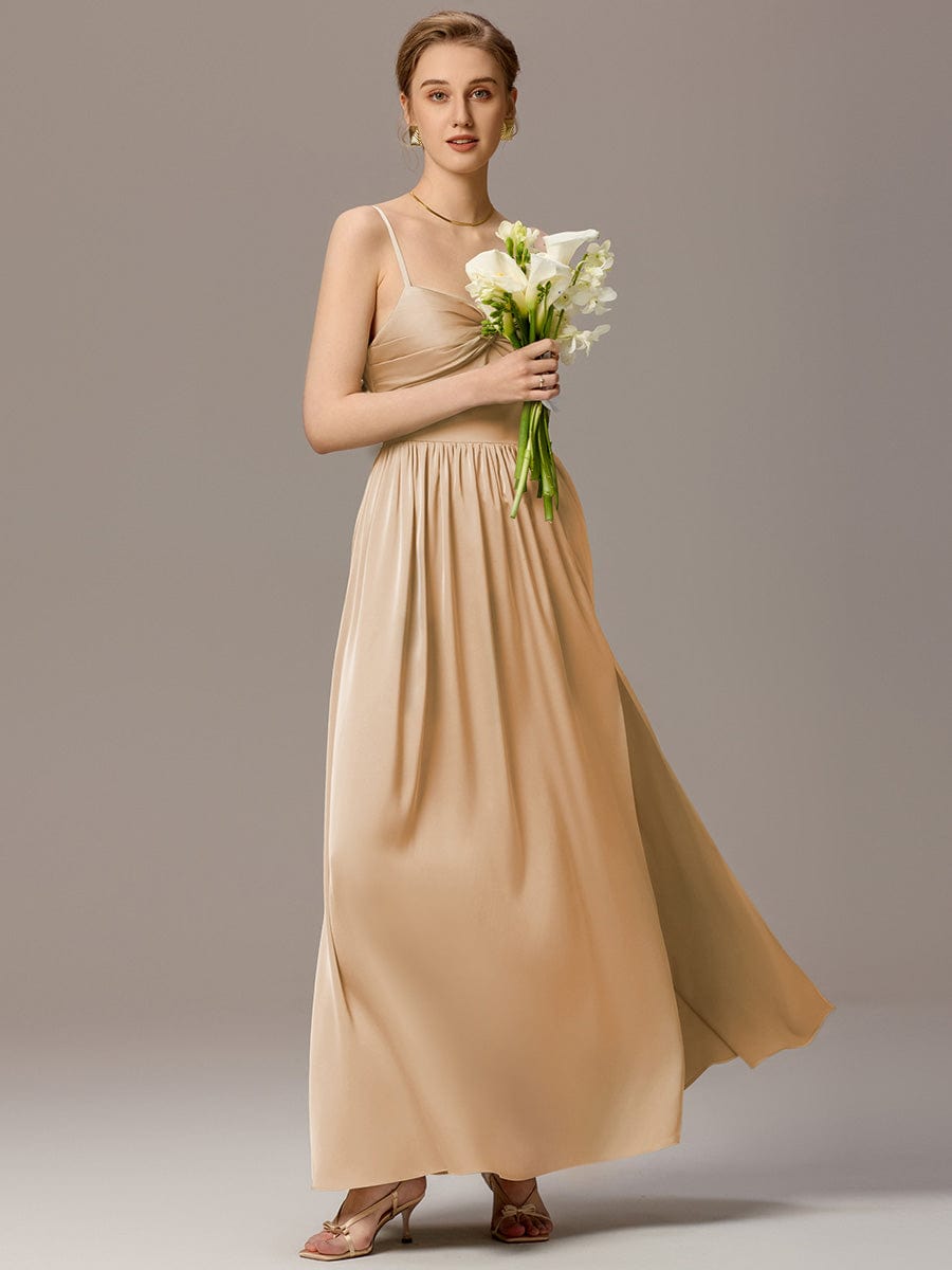 VERA|Satin Pleated Back-Tie Sleeveless Maxi Bridesmaid Dress