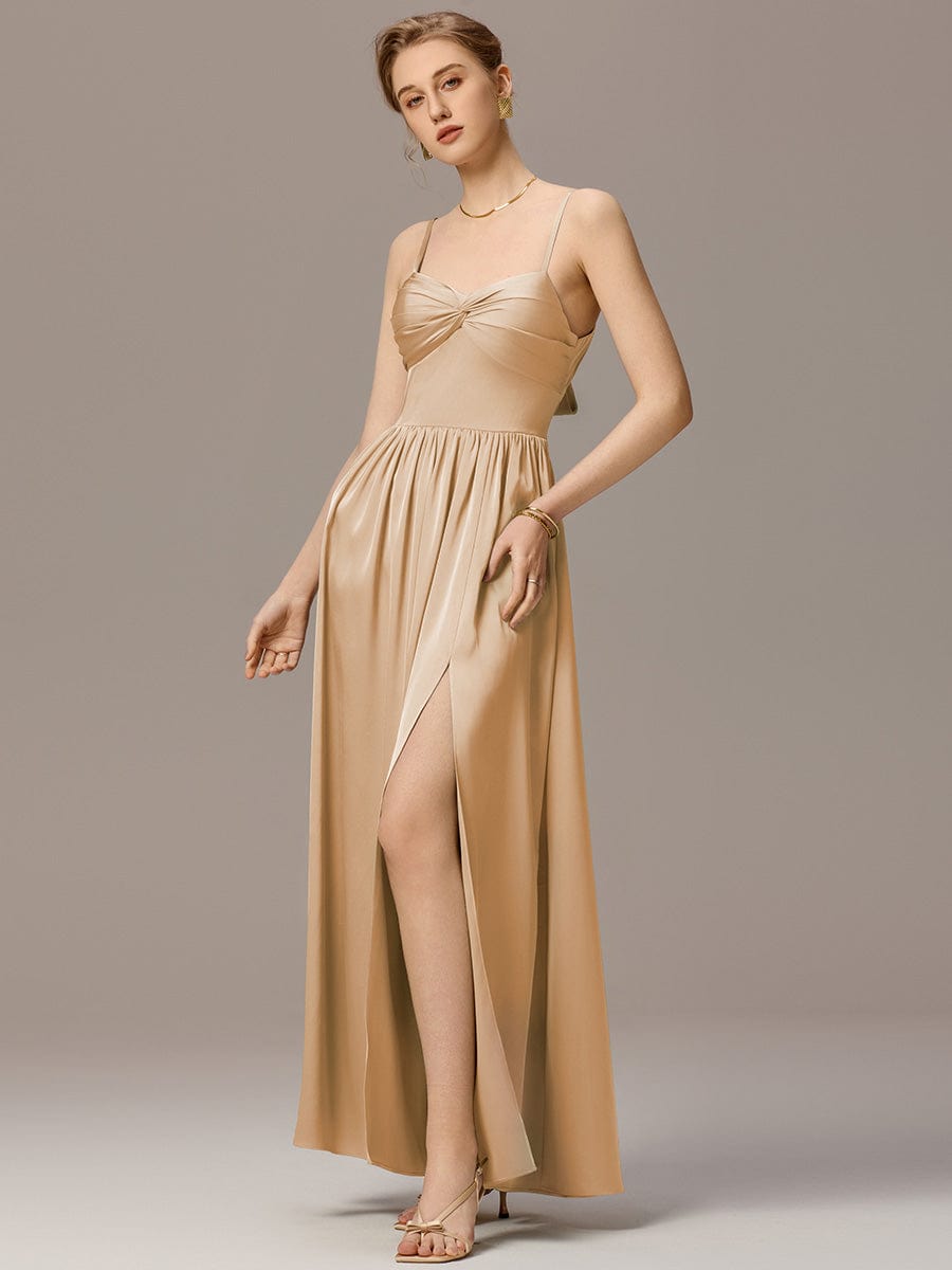 VERA|Satin Pleated Back-Tie Sleeveless Maxi Bridesmaid Dress