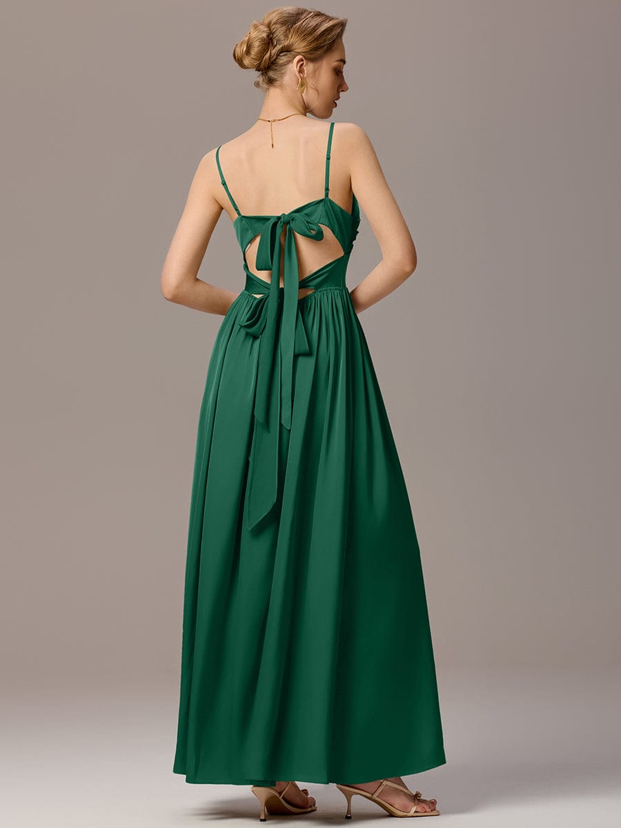 VERA|Satin Pleated Back-Tie Sleeveless Maxi Bridesmaid Dress