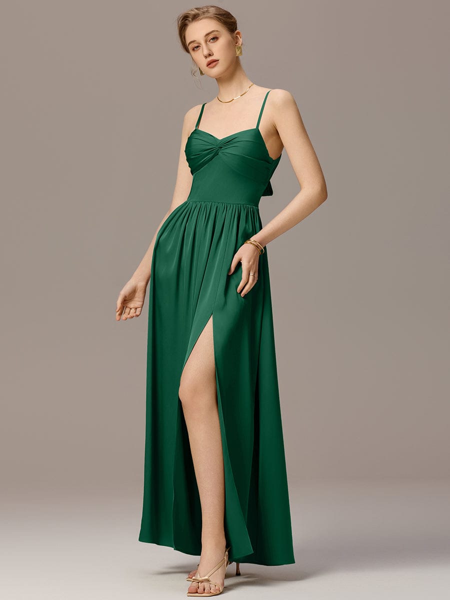 VERA|Satin Pleated Back-Tie Sleeveless Maxi Bridesmaid Dress