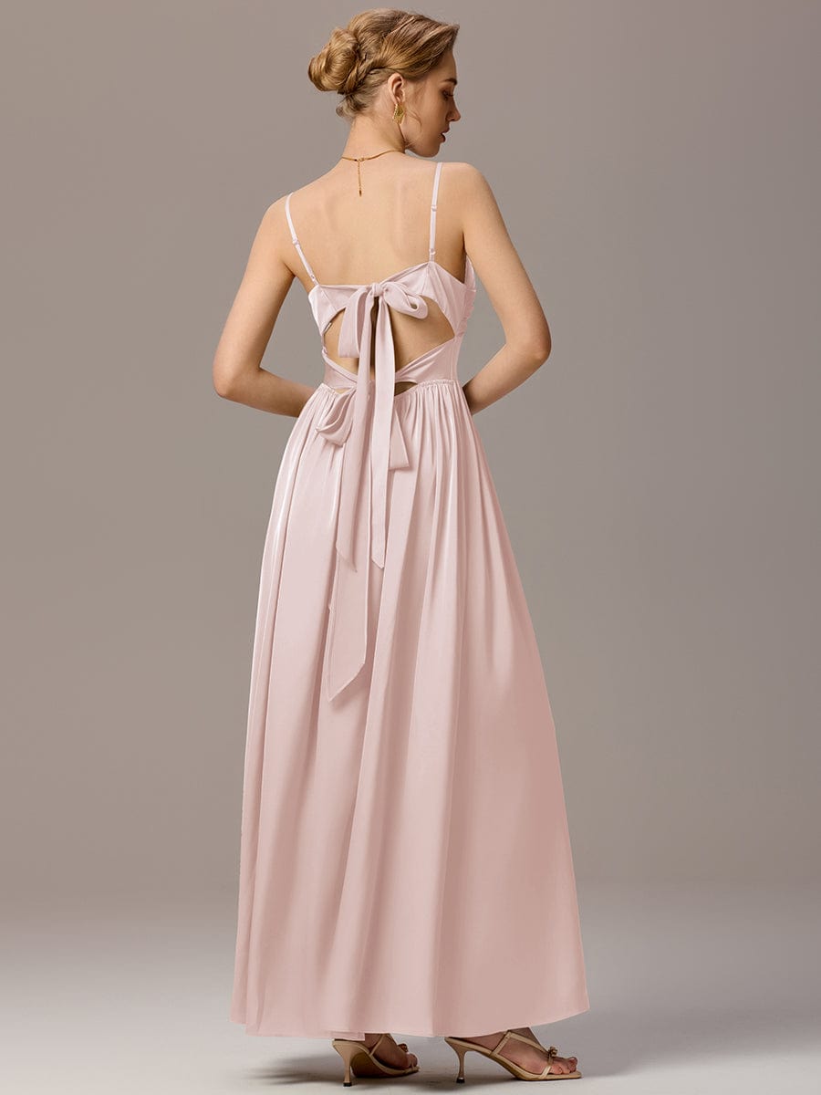 VERA|Satin Pleated Back-Tie Sleeveless Maxi Bridesmaid Dress