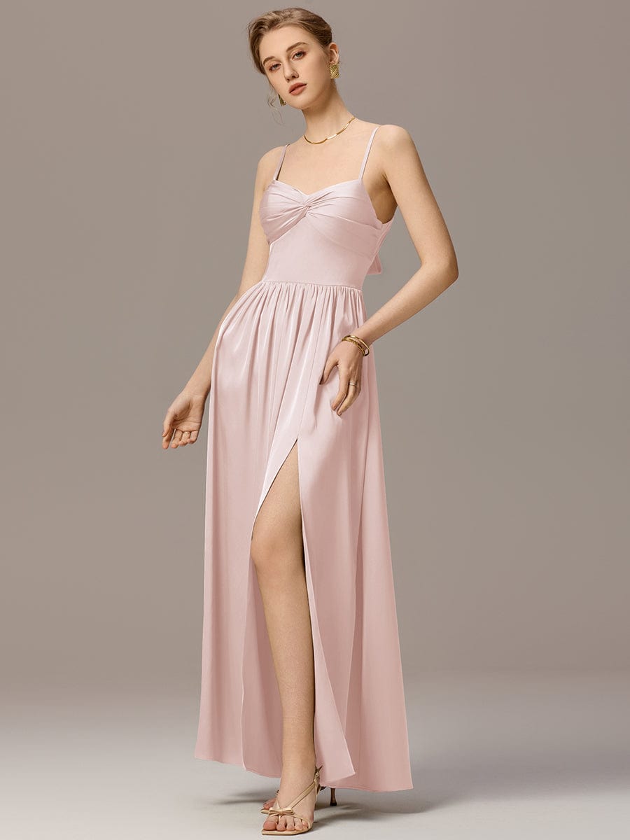 VERA|Satin Pleated Back-Tie Sleeveless Maxi Bridesmaid Dress