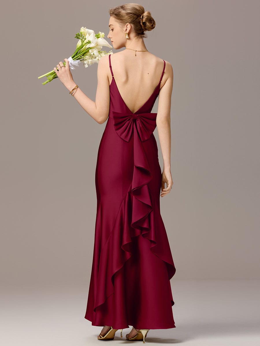 AVELIA|Mermaid Bow Stretch Satin Maxi Bridesmaid Dress