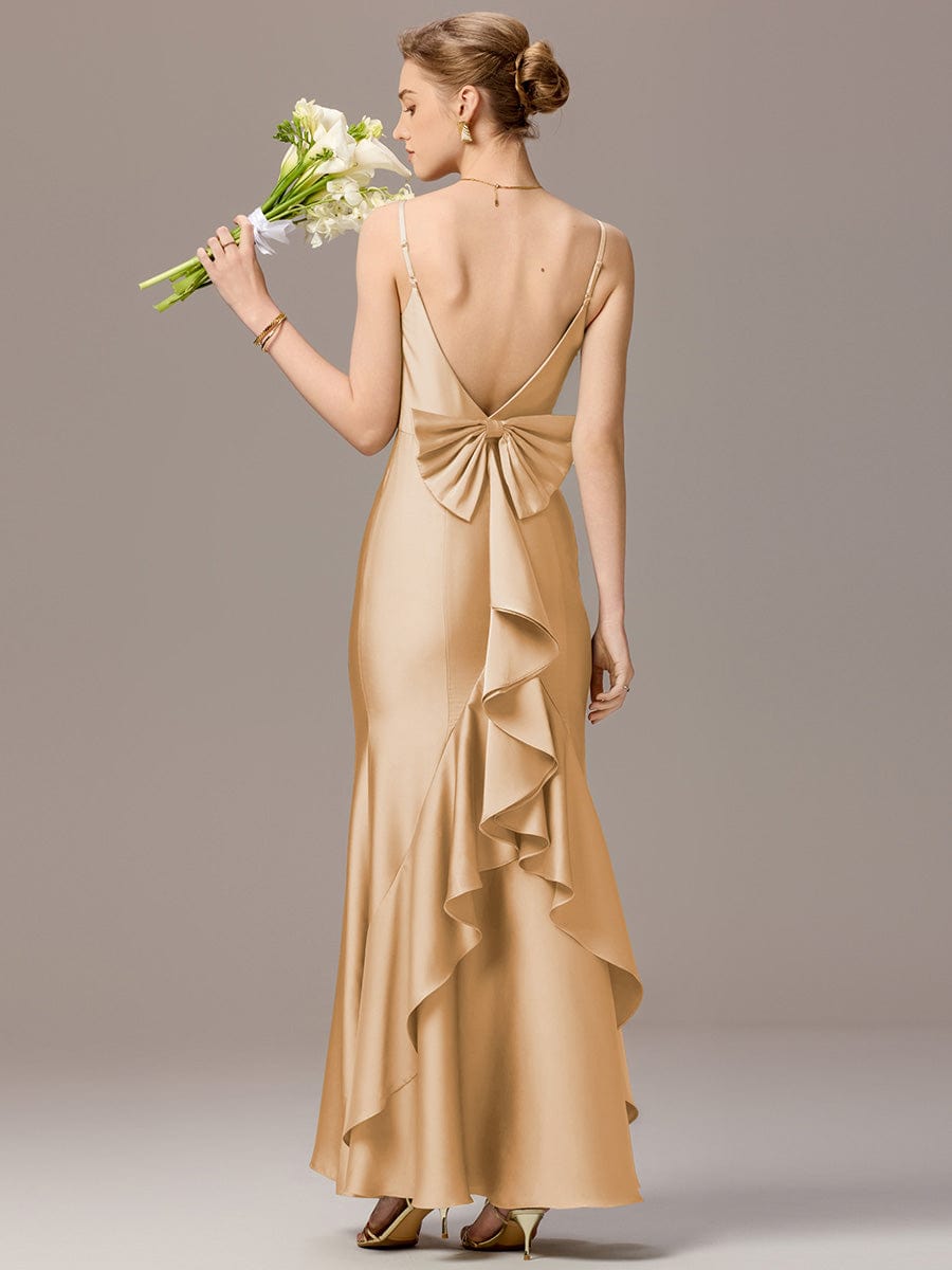 AVELIA|Mermaid Bow Stretch Satin Maxi Bridesmaid Dress