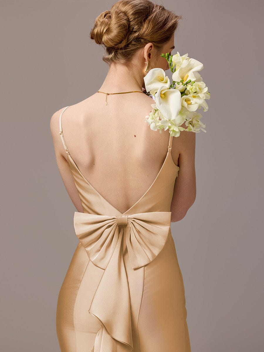 AVELIA|Mermaid Bow Stretch Satin Maxi Bridesmaid Dress