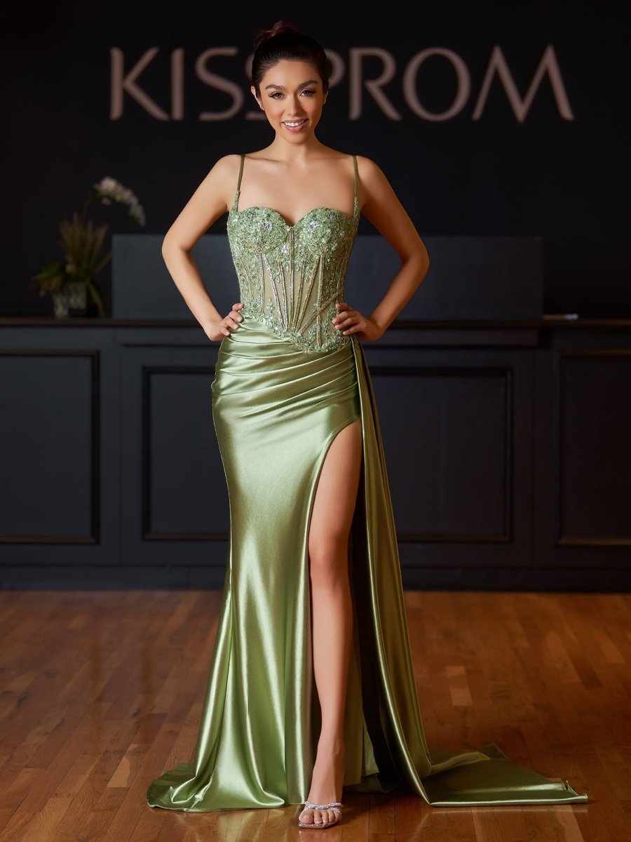 Paddy | Silver Spaghetti Straps Mermaid Appliqued Prom Dress With Split