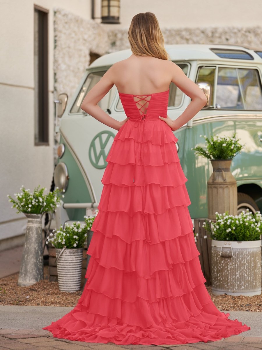 Cinizia | Chiffon Fuchsia Sweetheart Tiered Ruffles Prom Dress with Slit