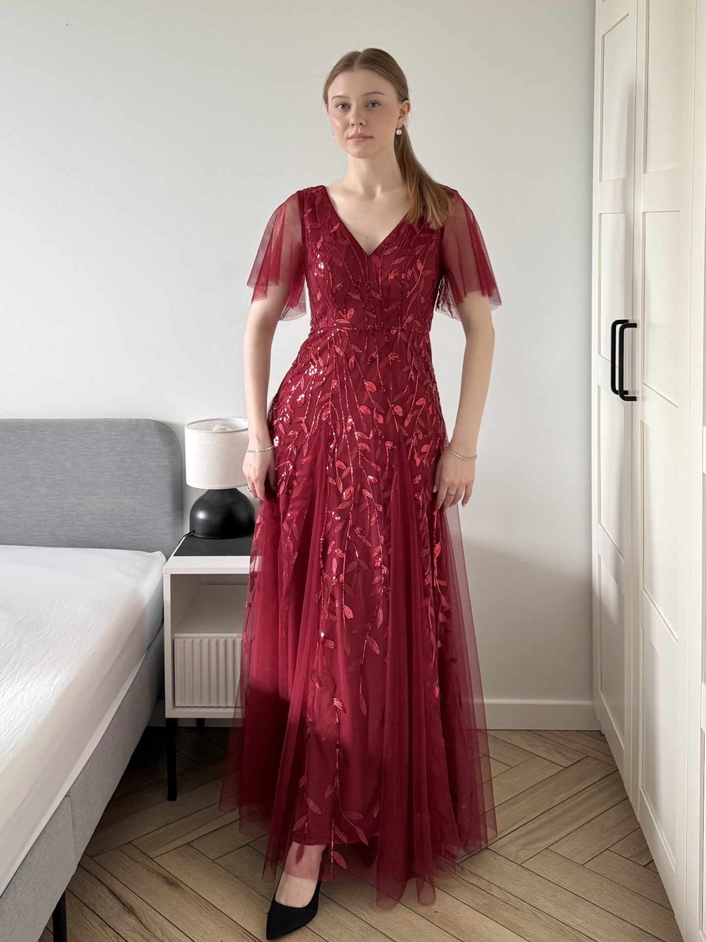 ASTRAL|Ruffle Sleeves Leaf Sequin Maxi Bridesmaid Dress