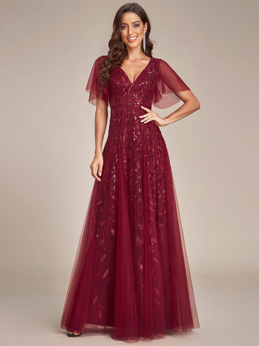 ASTRAL|Ruffle Sleeves Leaf Sequin Maxi Bridesmaid Dress