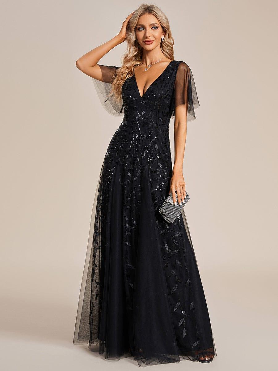 ASTRAL|Ruffle Sleeves Leaf Sequin Maxi Bridesmaid Dress