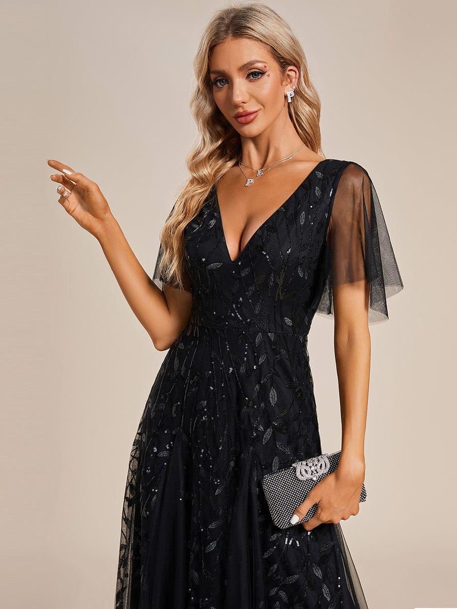 ASTRAL|Ruffle Sleeves Leaf Sequin Maxi Bridesmaid Dress