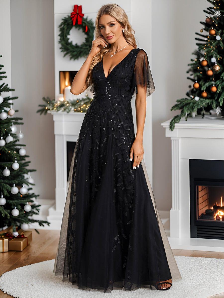 ASTRAL|Ruffle Sleeves Leaf Sequin Maxi Bridesmaid Dress