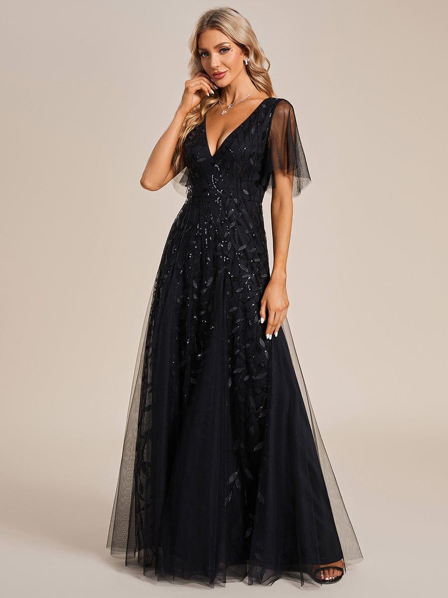 ASTRAL|Ruffle Sleeves Leaf Sequin Maxi Bridesmaid Dress