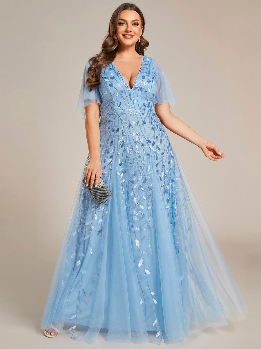 ASTRAL|Ruffle Sleeves Leaf Sequin Maxi Bridesmaid Dress