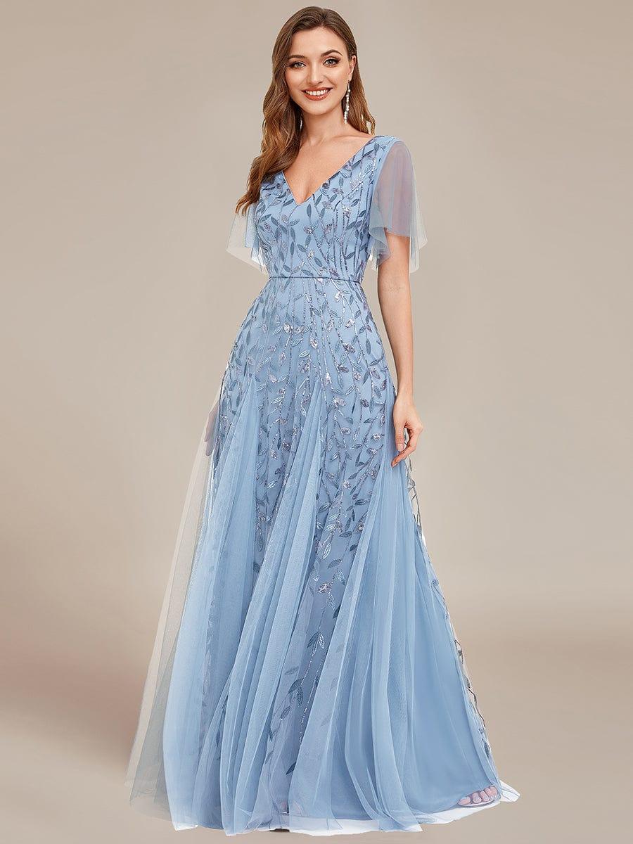 ASTRAL|Ruffle Sleeves Leaf Sequin Maxi Bridesmaid Dress