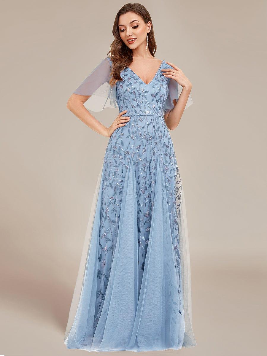 ASTRAL|Ruffle Sleeves Leaf Sequin Maxi Bridesmaid Dress