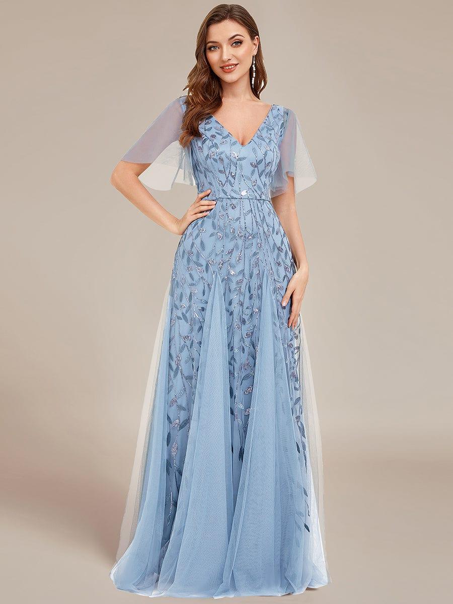 ASTRAL|Ruffle Sleeves Leaf Sequin Maxi Bridesmaid Dress
