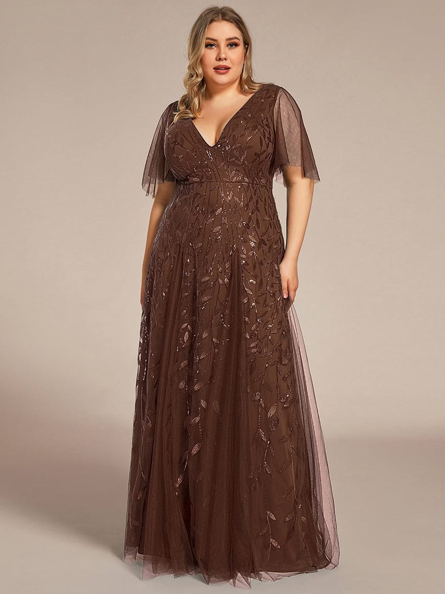 ASTRAL|Ruffle Sleeves Leaf Sequin Maxi Bridesmaid Dress