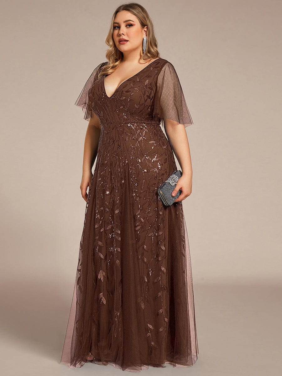 ASTRAL|Ruffle Sleeves Leaf Sequin Maxi Bridesmaid Dress