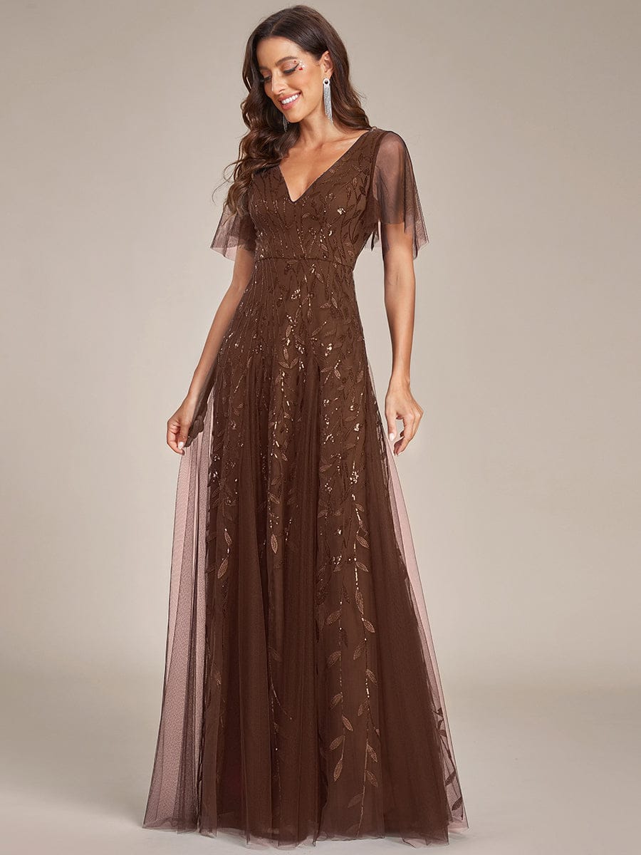 ASTRAL|Ruffle Sleeves Leaf Sequin Maxi Bridesmaid Dress