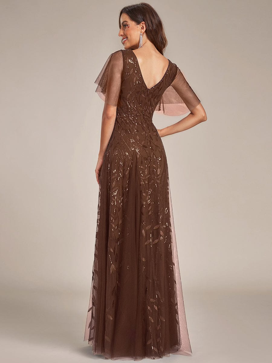 ASTRAL|Ruffle Sleeves Leaf Sequin Maxi Bridesmaid Dress