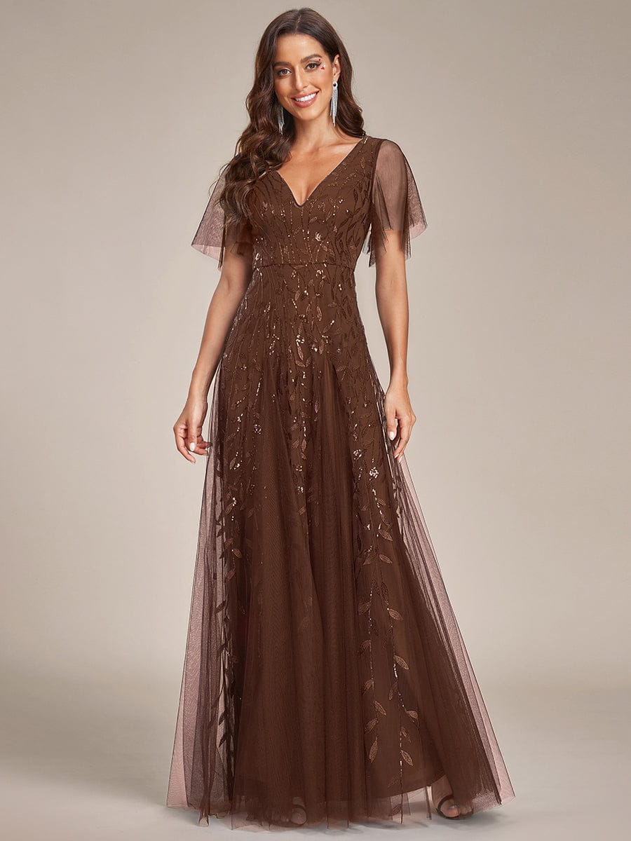 ASTRAL|Ruffle Sleeves Leaf Sequin Maxi Bridesmaid Dress
