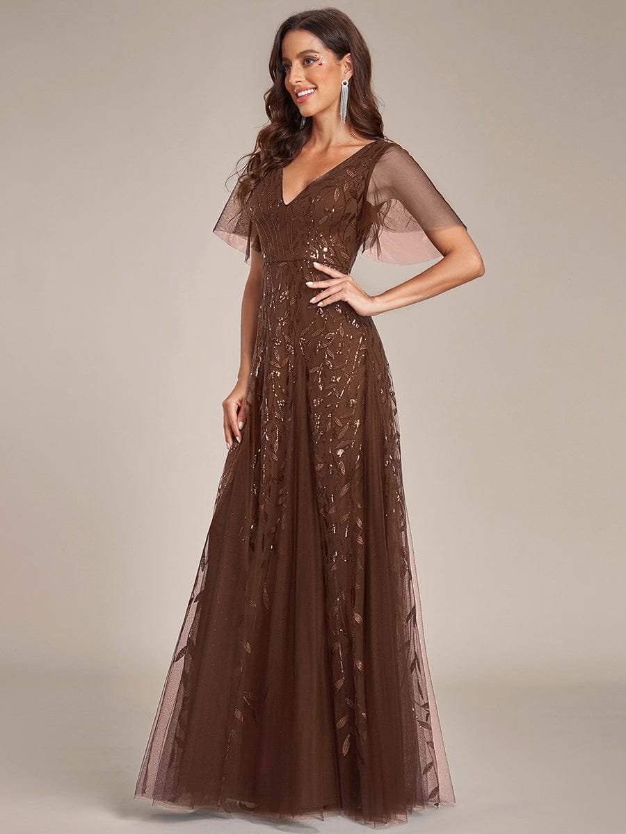 ASTRAL|Ruffle Sleeves Leaf Sequin Maxi Bridesmaid Dress