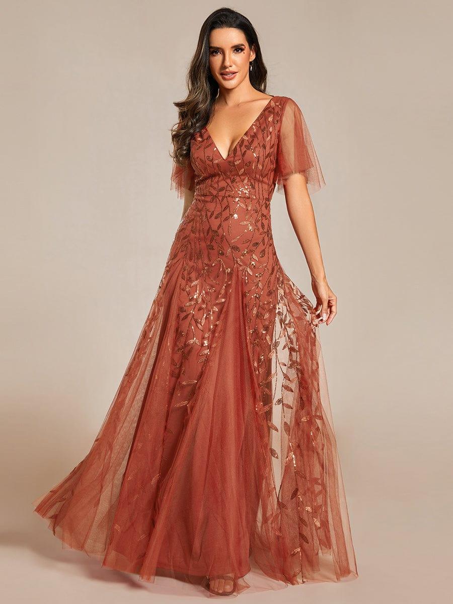 ASTRAL|Ruffle Sleeves Leaf Sequin Maxi Bridesmaid Dress