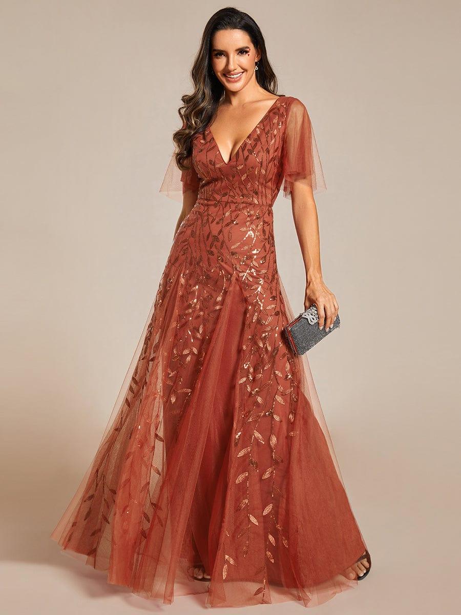 ASTRAL|Ruffle Sleeves Leaf Sequin Maxi Bridesmaid Dress