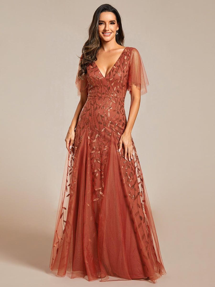 ASTRAL|Ruffle Sleeves Leaf Sequin Maxi Bridesmaid Dress