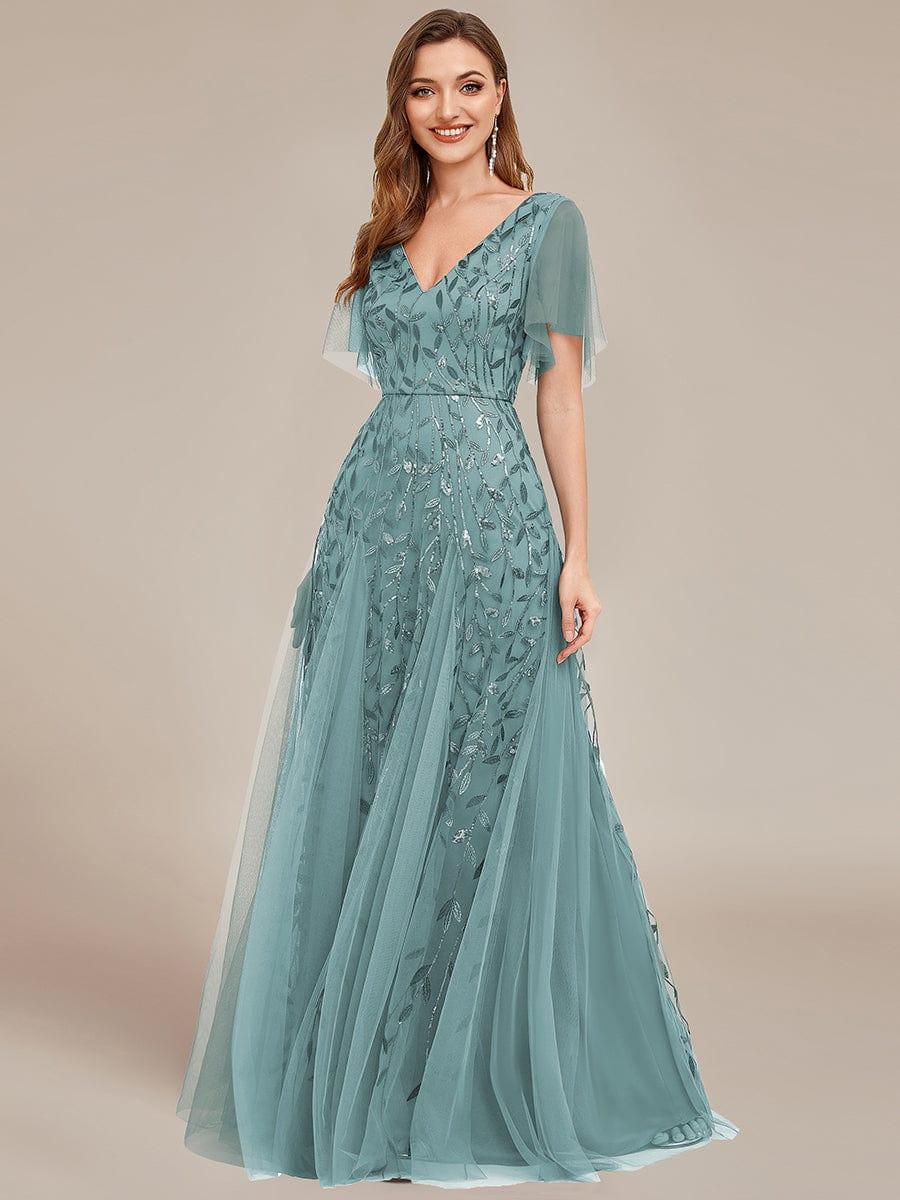 ASTRAL|Ruffle Sleeves Leaf Sequin Maxi Bridesmaid Dress