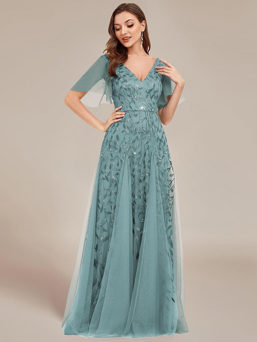 ASTRAL|Ruffle Sleeves Leaf Sequin Maxi Bridesmaid Dress