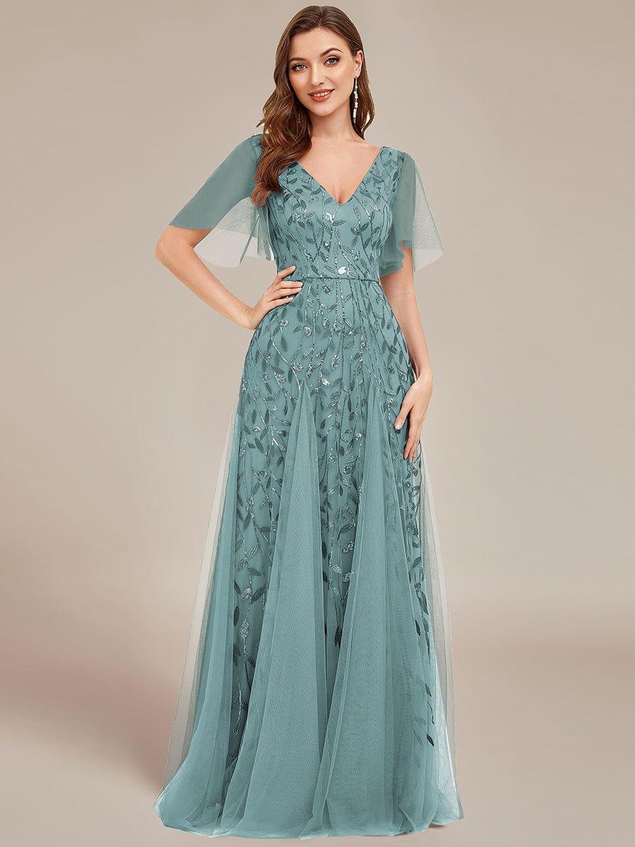 ASTRAL|Ruffle Sleeves Leaf Sequin Maxi Bridesmaid Dress
