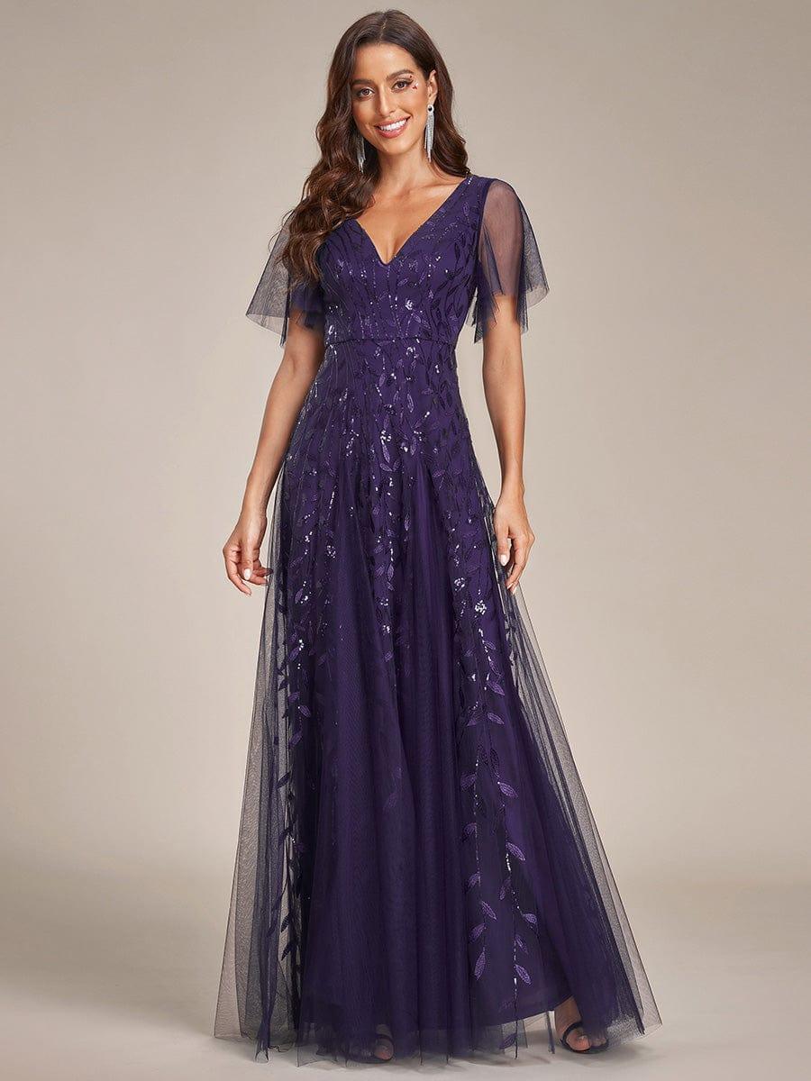 ASTRAL|Ruffle Sleeves Leaf Sequin Maxi Bridesmaid Dress