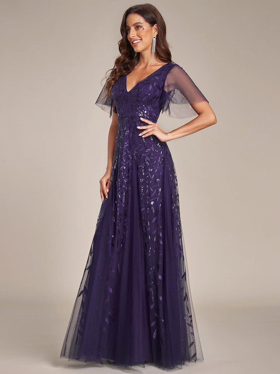 ASTRAL|Ruffle Sleeves Leaf Sequin Maxi Bridesmaid Dress