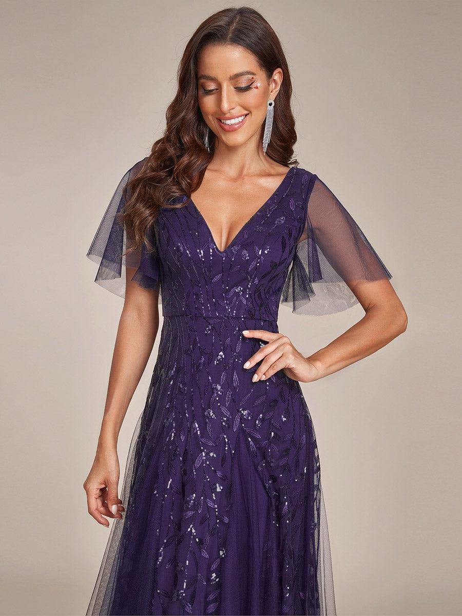 ASTRAL|Ruffle Sleeves Leaf Sequin Maxi Bridesmaid Dress