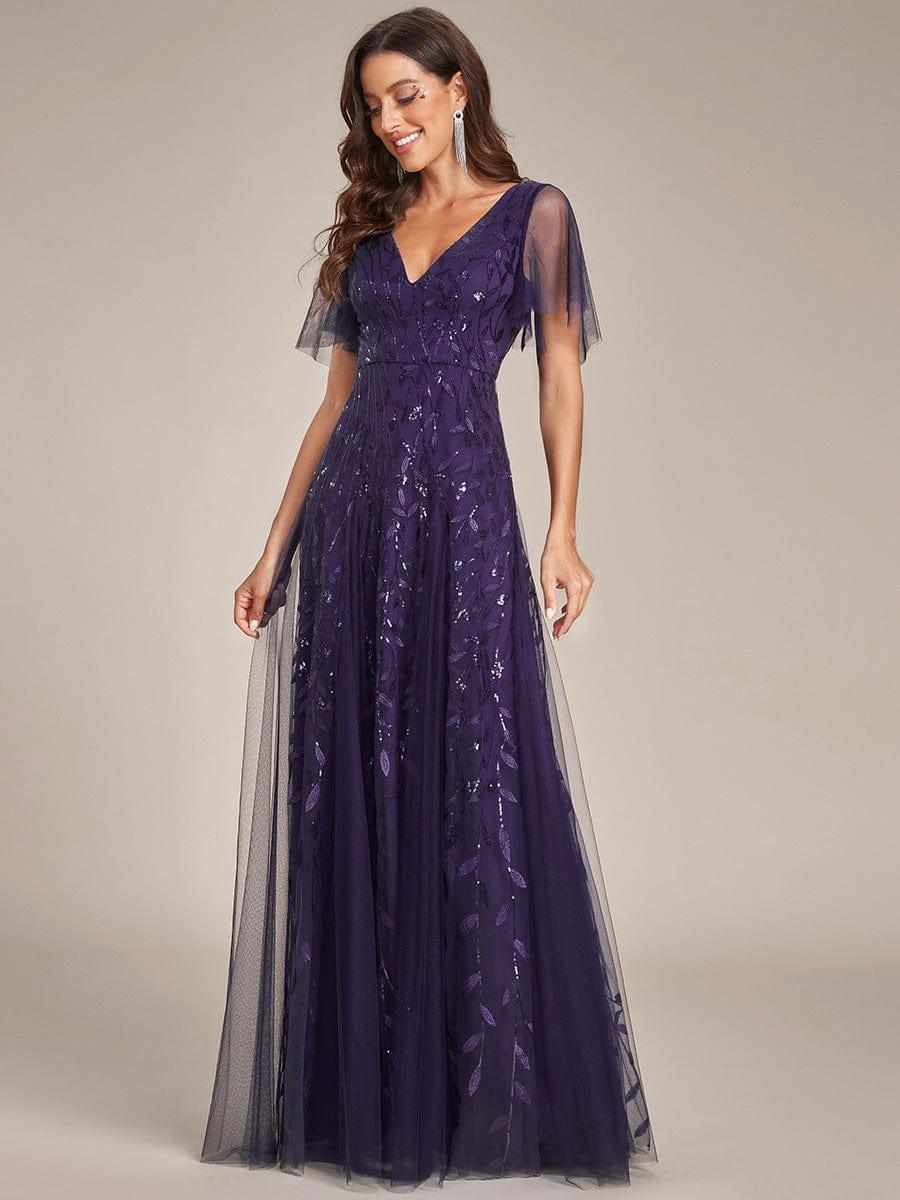 ASTRAL|Ruffle Sleeves Leaf Sequin Maxi Bridesmaid Dress