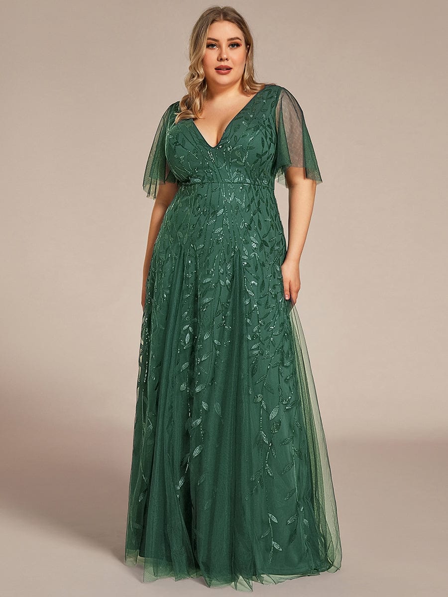 ASTRAL|Ruffle Sleeves Leaf Sequin Maxi Bridesmaid Dress