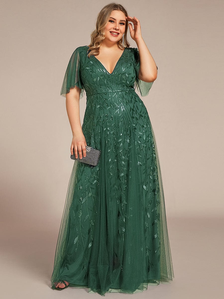 ASTRAL|Ruffle Sleeves Leaf Sequin Maxi Bridesmaid Dress