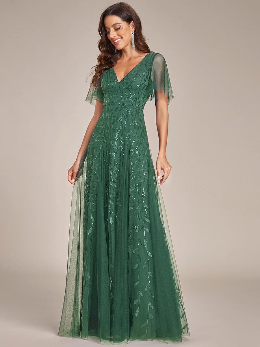 ASTRAL|Ruffle Sleeves Leaf Sequin Maxi Bridesmaid Dress