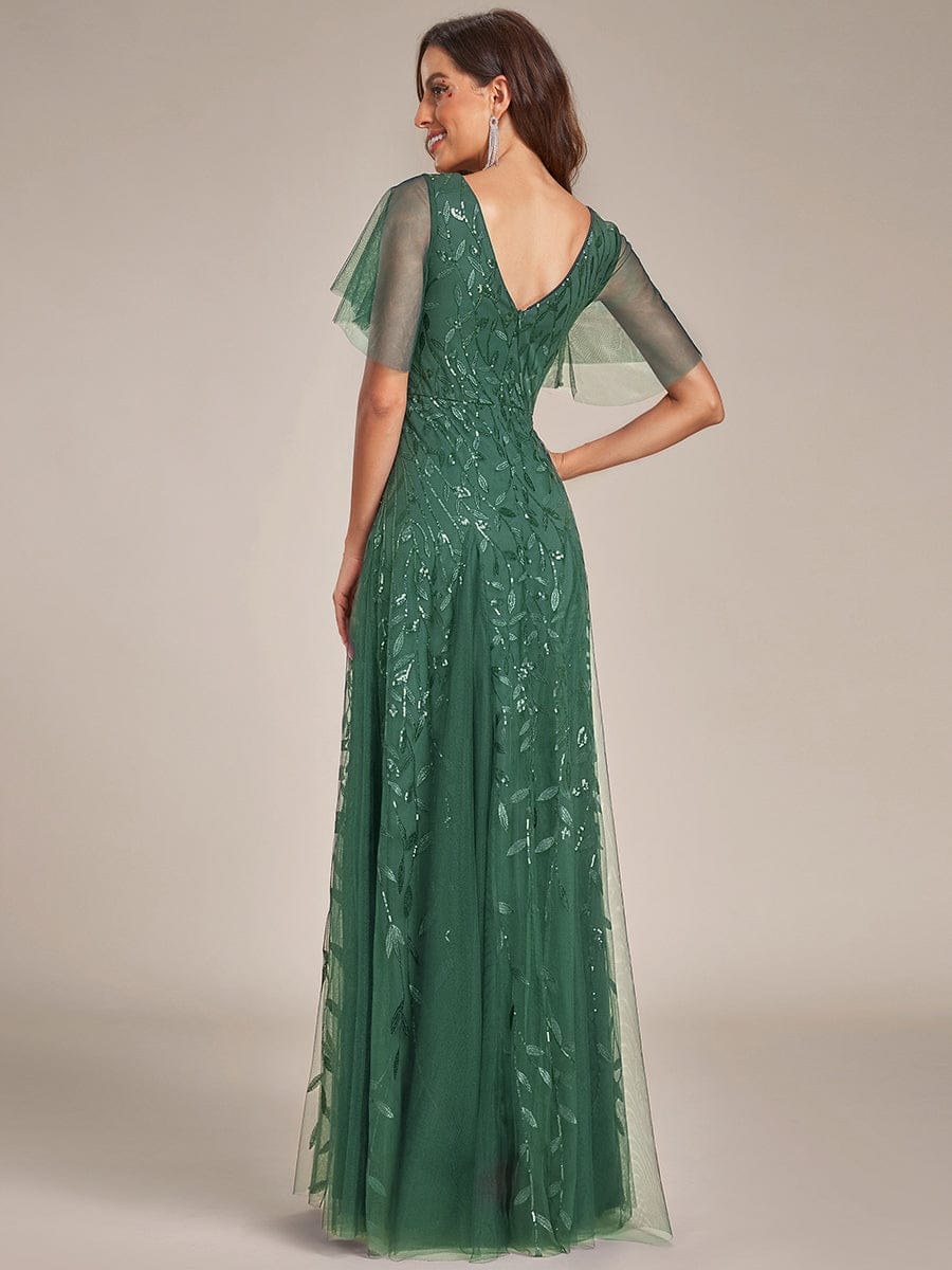ASTRAL|Ruffle Sleeves Leaf Sequin Maxi Bridesmaid Dress