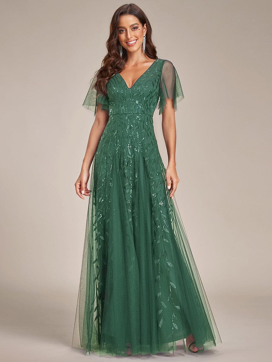 ASTRAL|Ruffle Sleeves Leaf Sequin Maxi Bridesmaid Dress