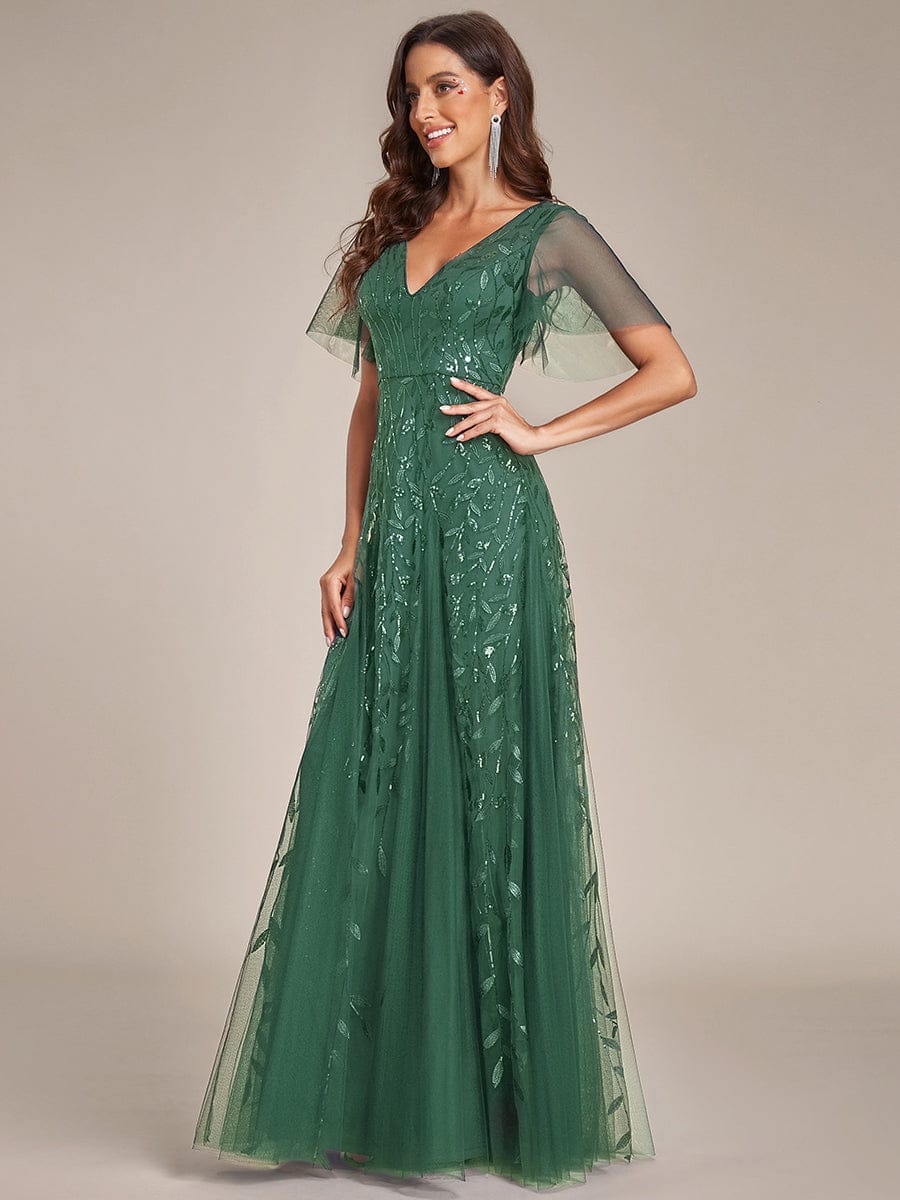 ASTRAL|Ruffle Sleeves Leaf Sequin Maxi Bridesmaid Dress