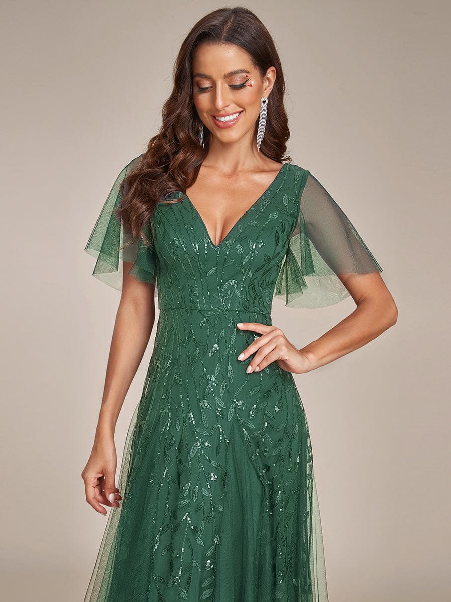 ASTRAL|Ruffle Sleeves Leaf Sequin Maxi Bridesmaid Dress