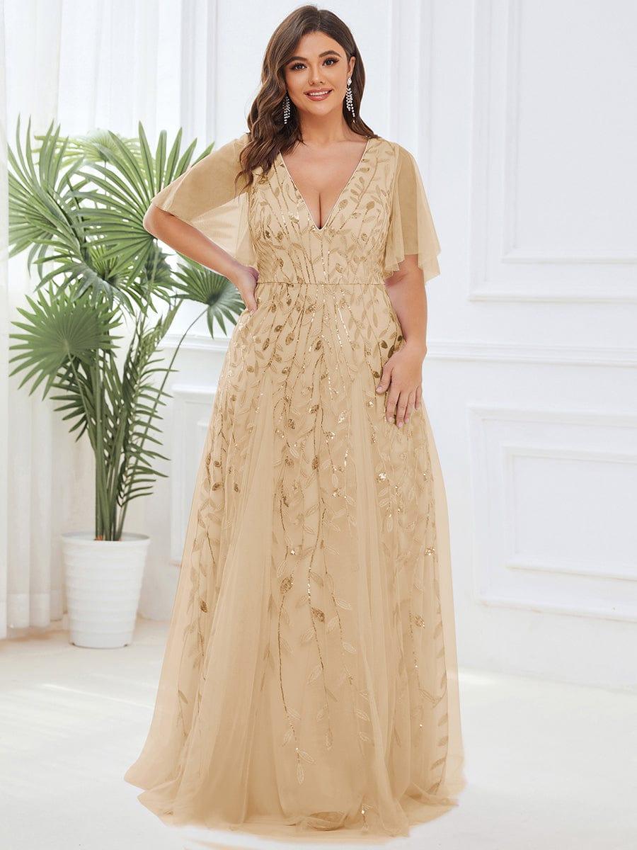 ASTRAL|Ruffle Sleeves Leaf Sequin Maxi Bridesmaid Dress